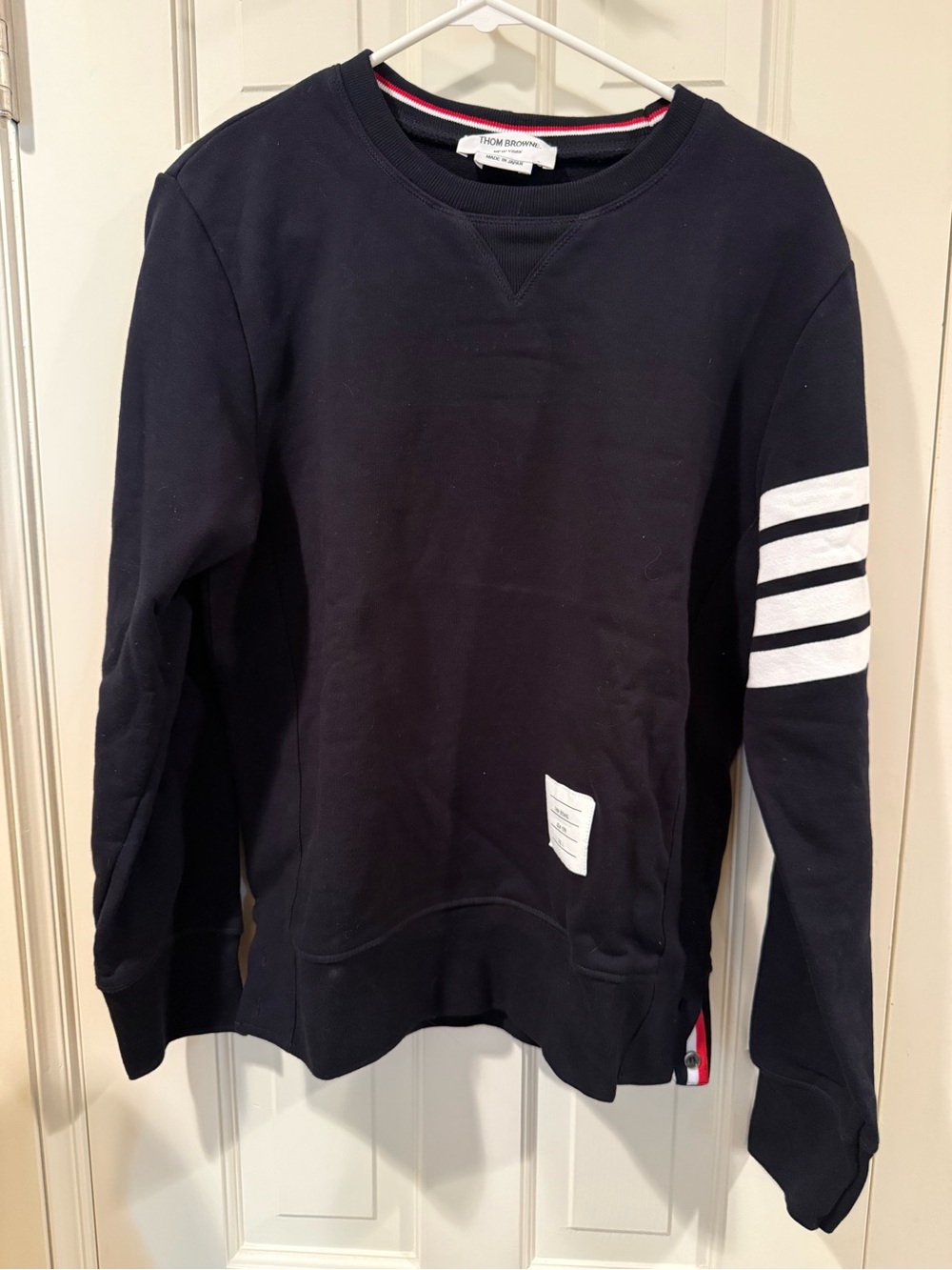 Thom Browne Navy Crewneck Cotton Sweatshirt with White Sleeve Stripes Size 2